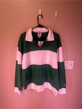 Champion Green and White Half-Zip Rugby Pullover